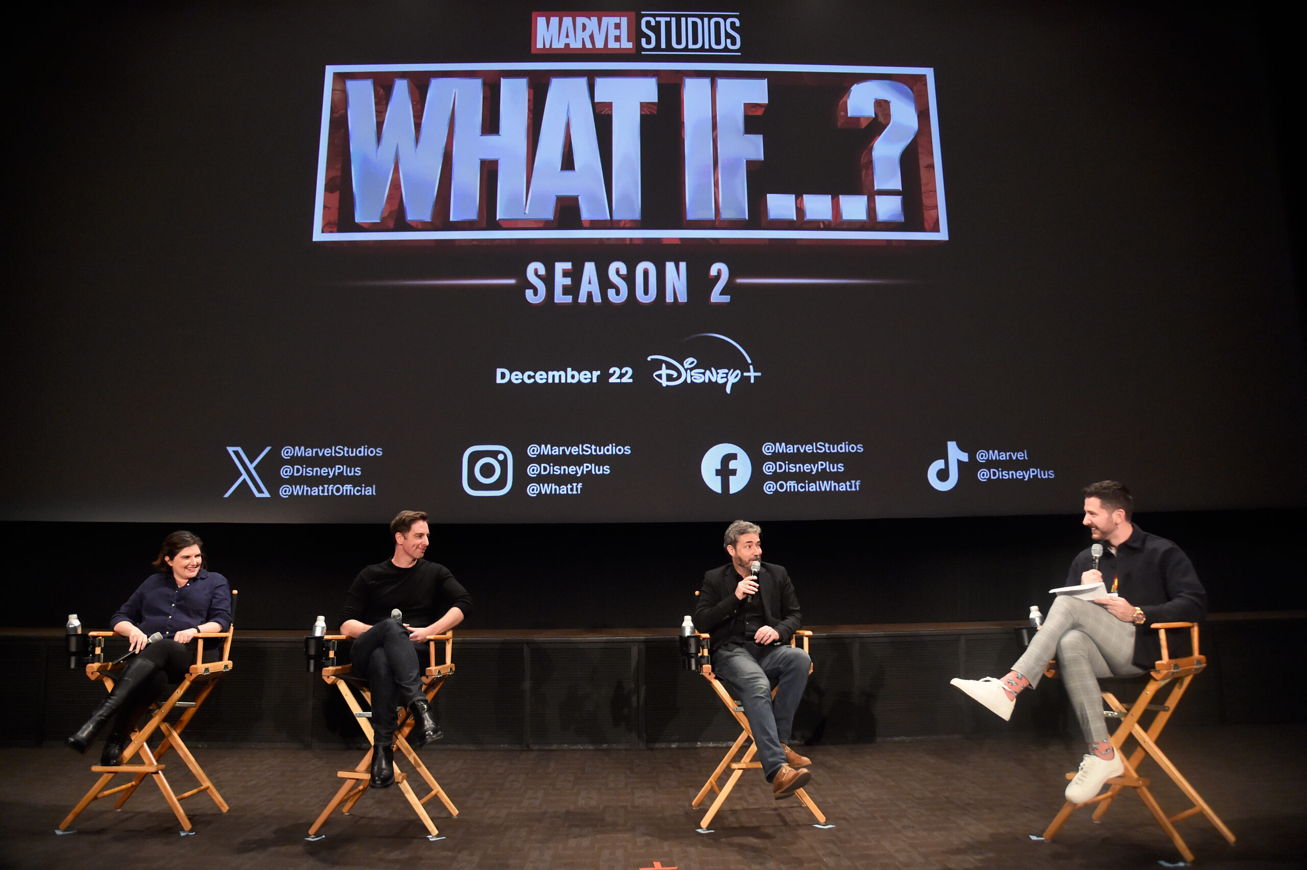 Q&A with show creators AC Bradley, Matthew Chauncey, Bryan Andrews and Brandon Davis speak onstage during a special What if…? Season 2 screening event at Walt Disney Studios on December 11, 2023 in Burbank, California.